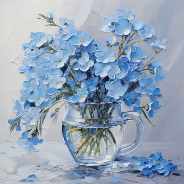 Schilderij van blauwe bloemen in een glazen vaas Schilderij van blauwe bloemen in een glazen vaas