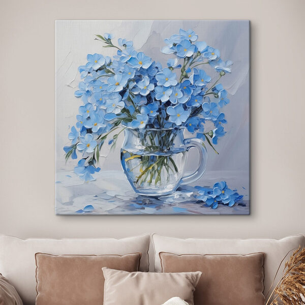 Schilderij van blauwe bloemen in een glazen vaas Schilderij van blauwe bloemen in een glazen vaas