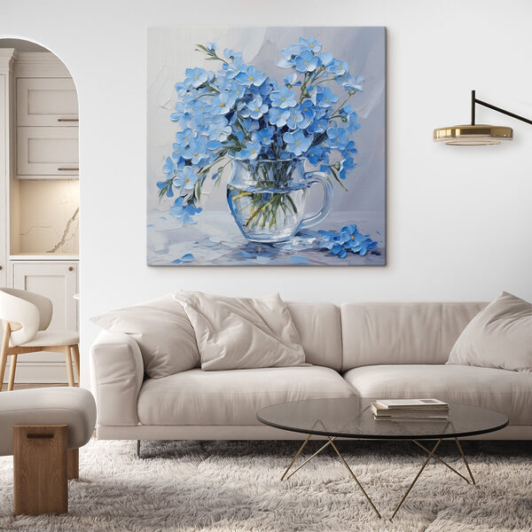 Schilderij van blauwe bloemen in een glazen vaas Schilderij van blauwe bloemen in een glazen vaas