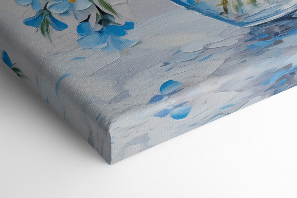 Painting of blue flowers in a glass vase