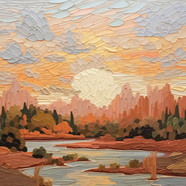 Schilderij van een rivier en bomen Schilderij van een rivier en bomen