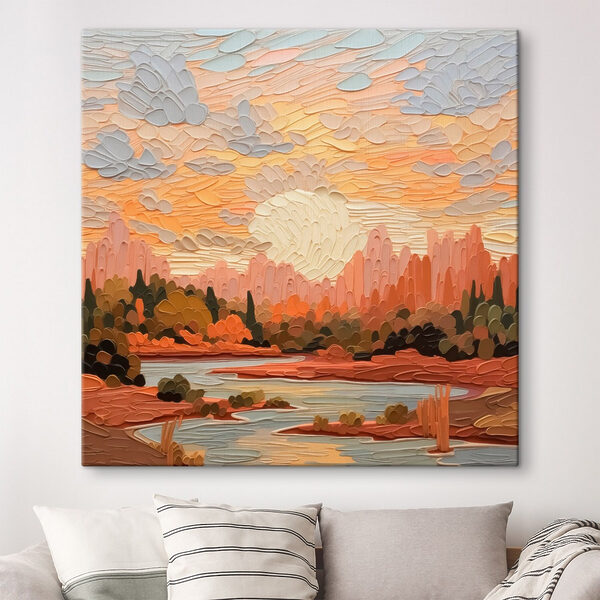 Schilderij van een rivier en bomen Schilderij van een rivier en bomen