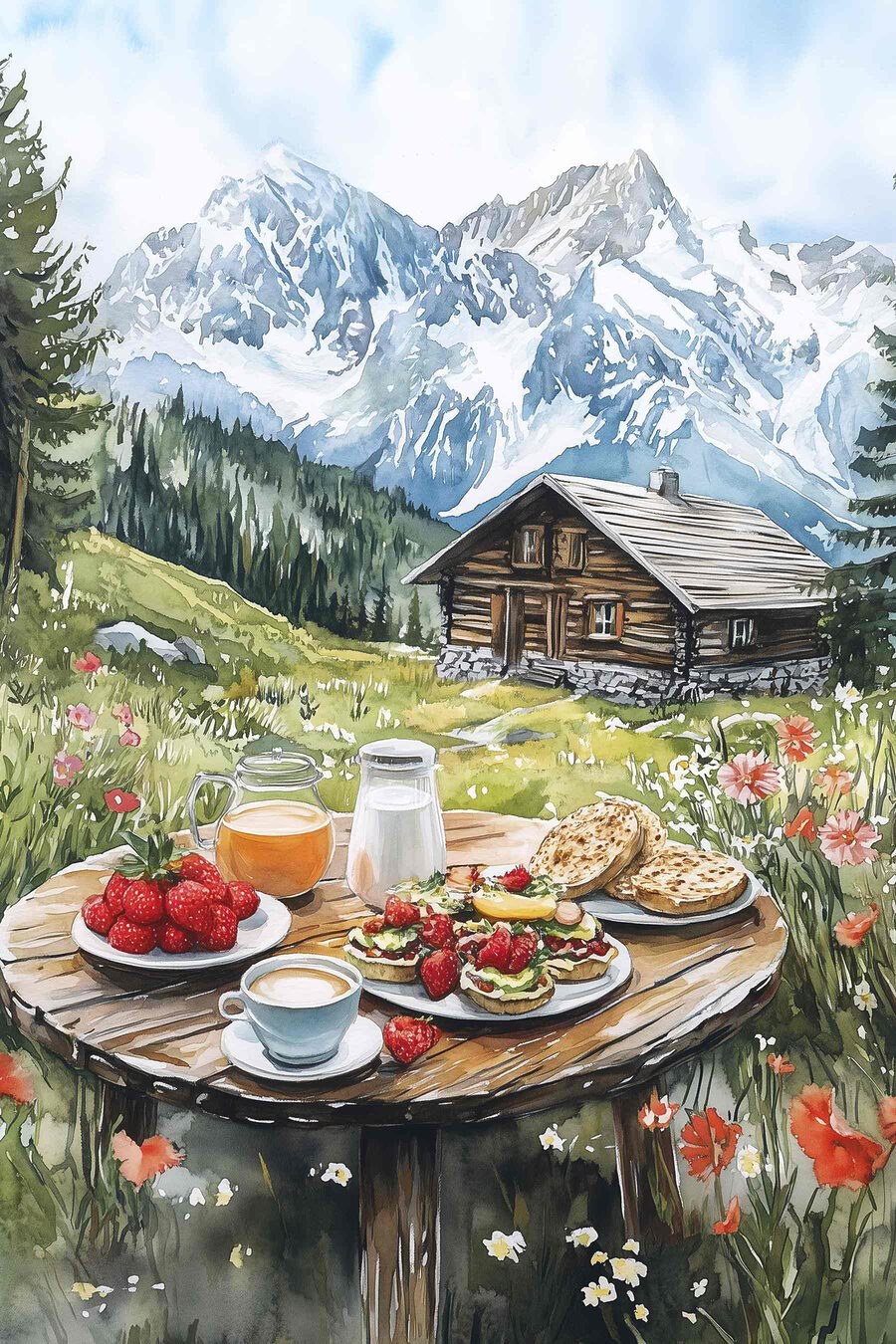Tafel met eten en drinken voor een berg