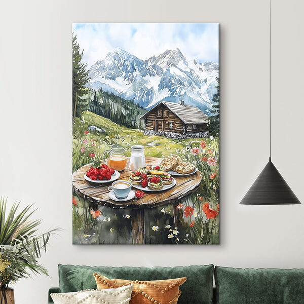 Tafel met eten en drinken voor een berg Tafel met eten en drinken voor een berg