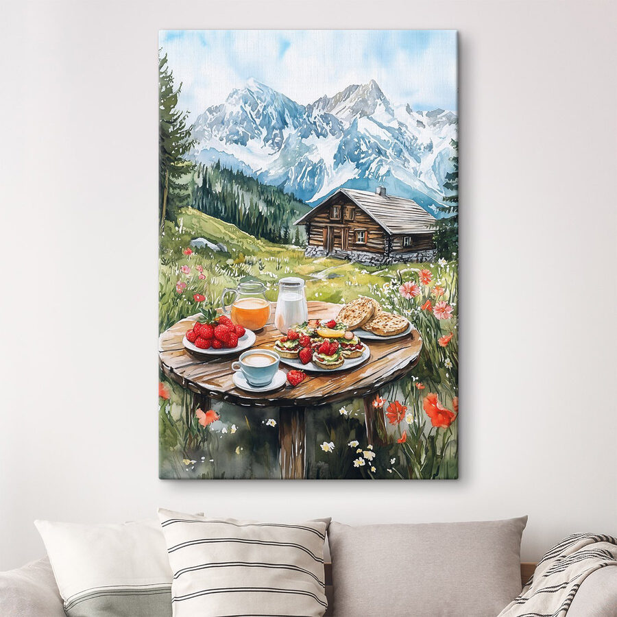 Tafel met eten en drinken voor een berg