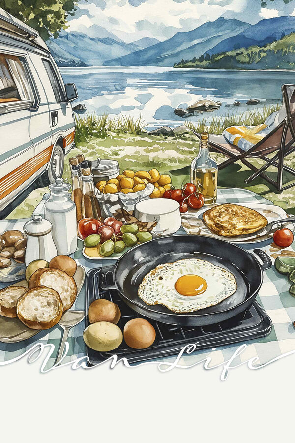 Tafel met eten en een pan erop Tafel met eten en een pan erop