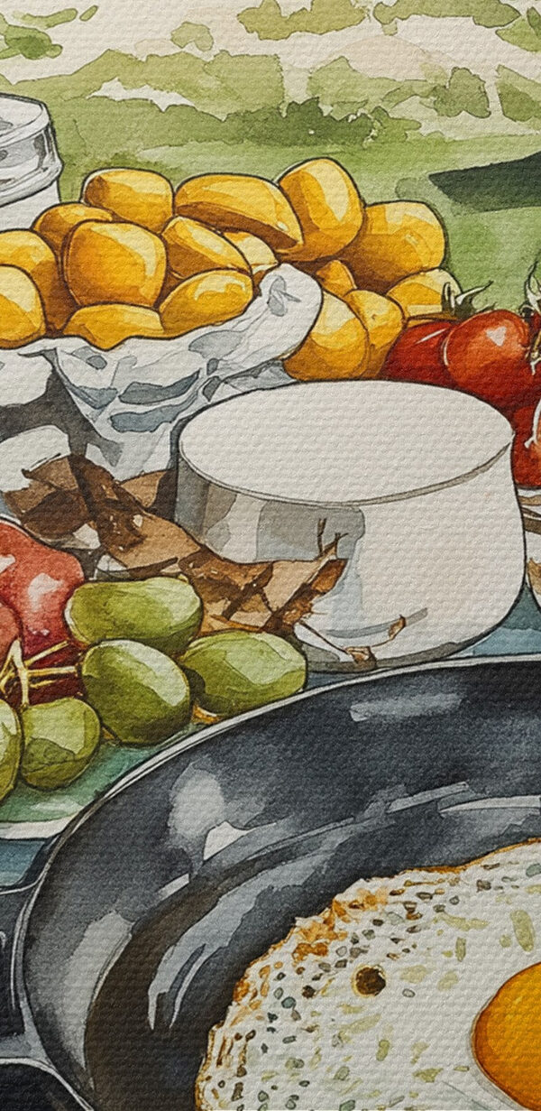 Tafel met eten en een pan erop Tafel met eten en een pan erop
