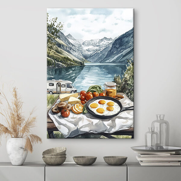 Eten op een tafel naast een meer Eten op een tafel naast een meer