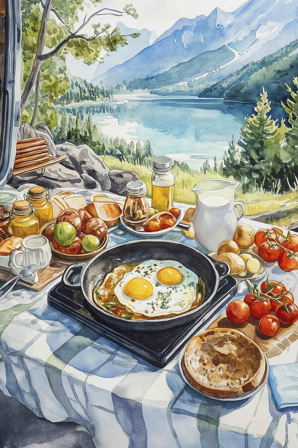 Pan met eten en een pan met eieren op een tafel met een meer op de achtergrond Pan met eten en een pan met eieren op een tafel met een meer op de achtergrond
