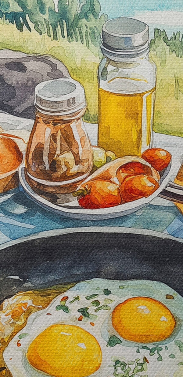 Pan met eten en een pan met eieren op een tafel met een meer op de achtergrond Pan met eten en een pan met eieren op een tafel met een meer op de achtergrond