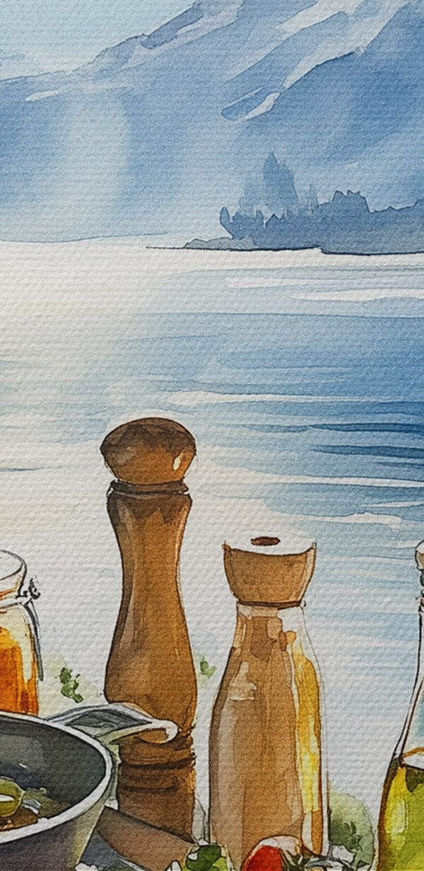 Tafel met eten en drinken bij een meer Tafel met eten en drinken bij een meer