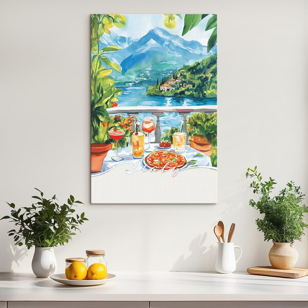 Aquarelverfschilderij van een tafel met drankjes en uitzicht op een meer Aquarelverfschilderij van een tafel met drankjes en uitzicht op een meer