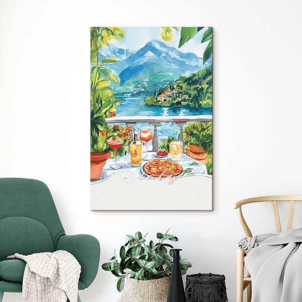 Aquarelverfschilderij van een tafel met drankjes en uitzicht op een meer Aquarelverfschilderij van een tafel met drankjes en uitzicht op een meer