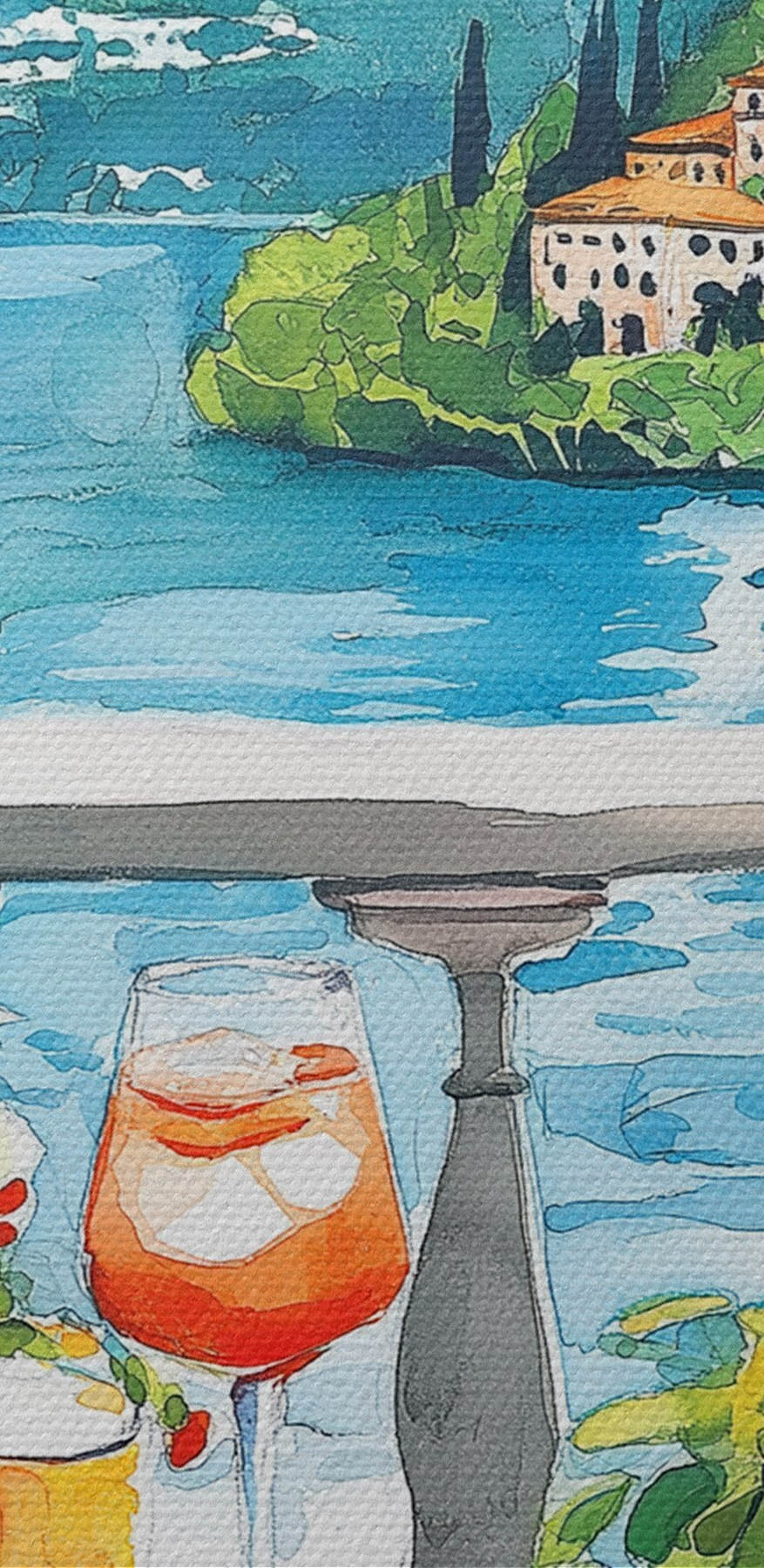 Aquarelverfschilderij van een tafel met drankjes en uitzicht op een meer Aquarelverfschilderij van een tafel met drankjes en uitzicht op een meer