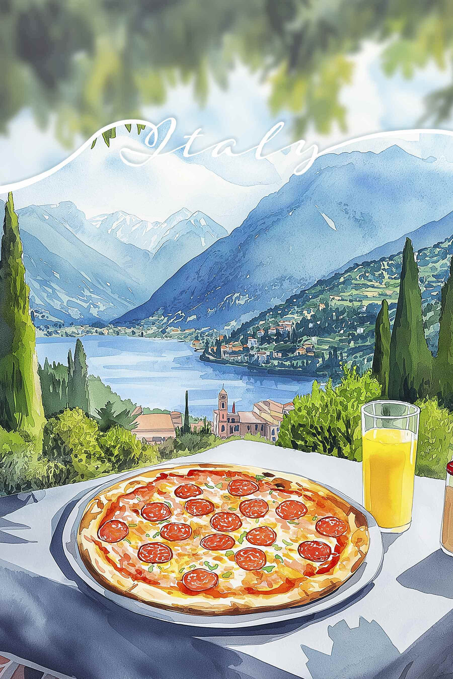 Pizza en sap op een tafel met bergen en bomen