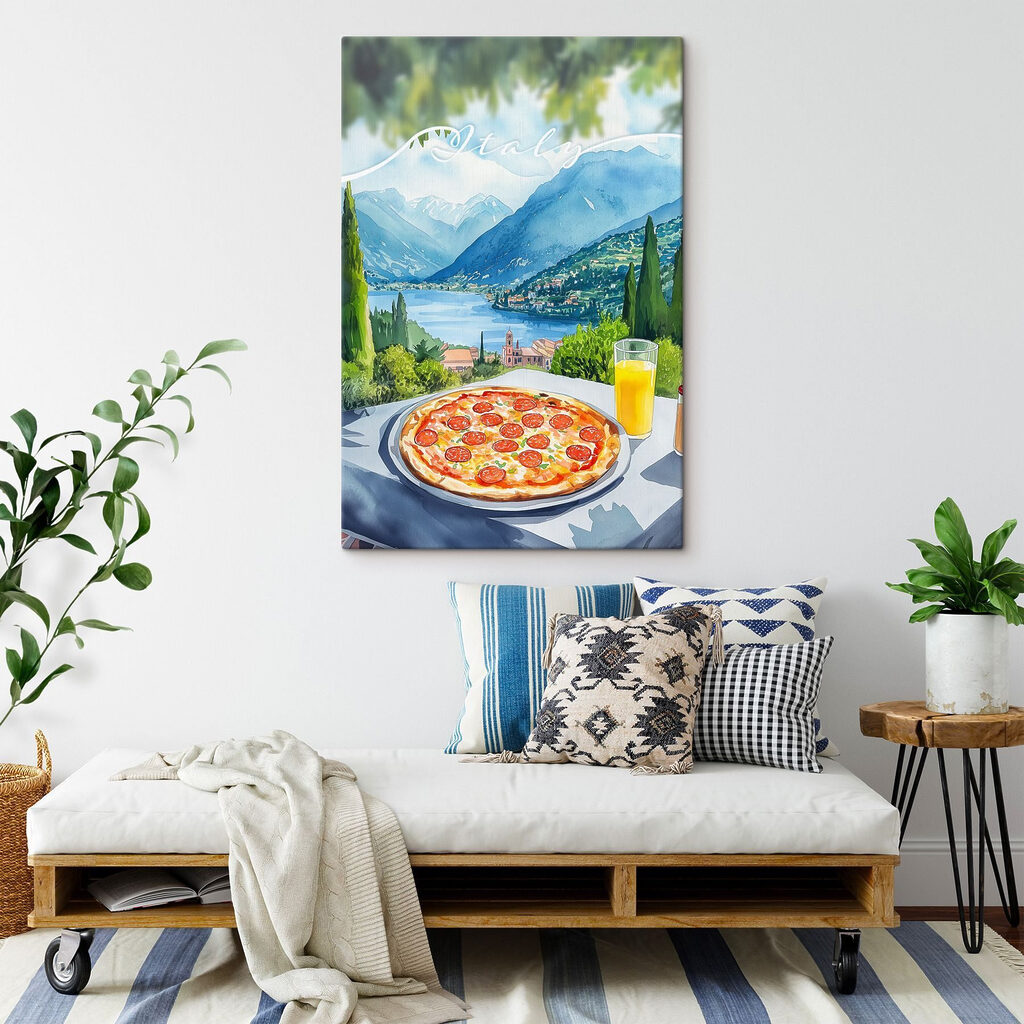 Pizza and juice on a table with mountains and trees