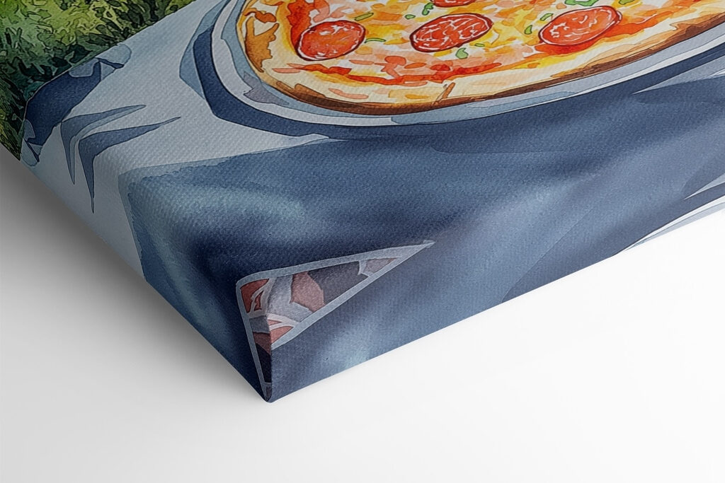 Pizza and juice on a table with mountains and trees