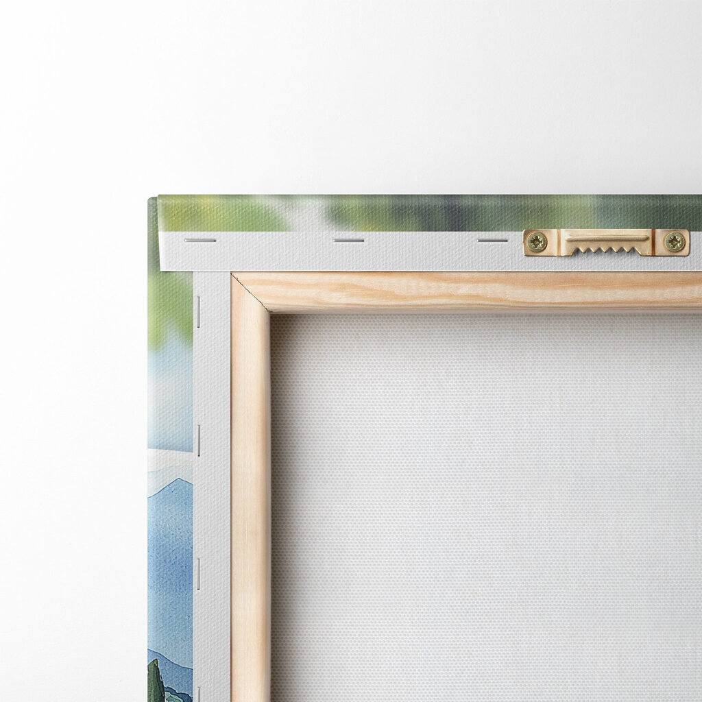 Pizza and juice on a table with mountains and trees