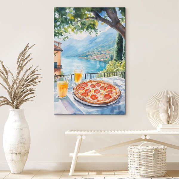 Aquarel van een pizza en drankjes op een tafel Aquarel van een pizza en drankjes op een tafel