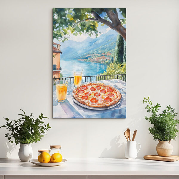 Aquarel van een pizza en drankjes op een tafel Aquarel van een pizza en drankjes op een tafel