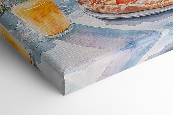 Aquarel van een pizza en drankjes op een tafel Aquarel van een pizza en drankjes op een tafel