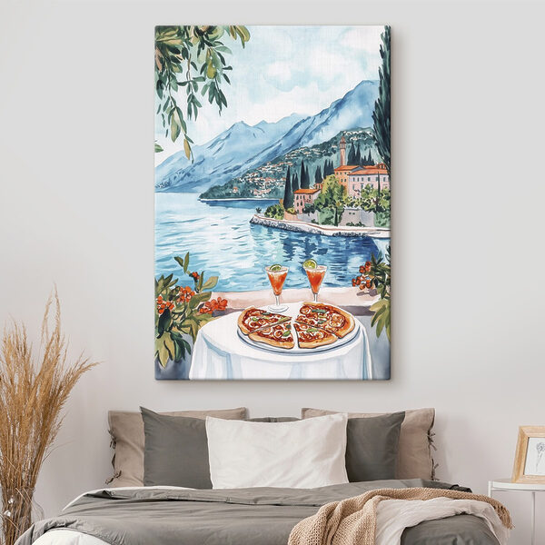 Aquarel van een tafel met eten en een meer op de achtergrond Aquarel van een tafel met eten en een meer op de achtergrond