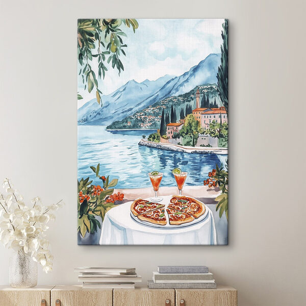 Aquarel van een tafel met eten en een meer op de achtergrond Aquarel van een tafel met eten en een meer op de achtergrond