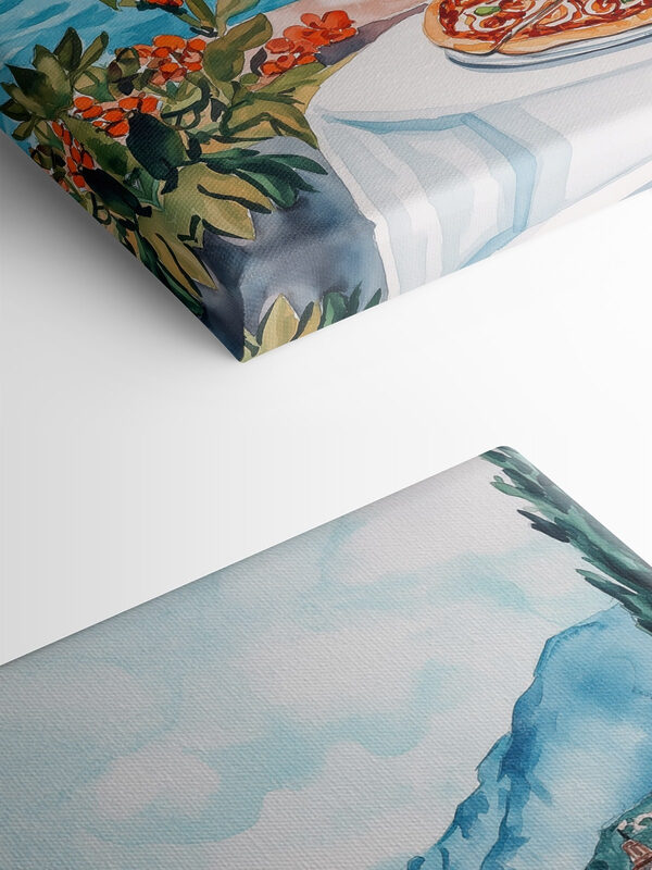 Aquarel van een tafel met eten en een meer op de achtergrond Aquarel van een tafel met eten en een meer op de achtergrond
