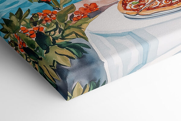Aquarel van een tafel met eten en een meer op de achtergrond Aquarel van een tafel met eten en een meer op de achtergrond