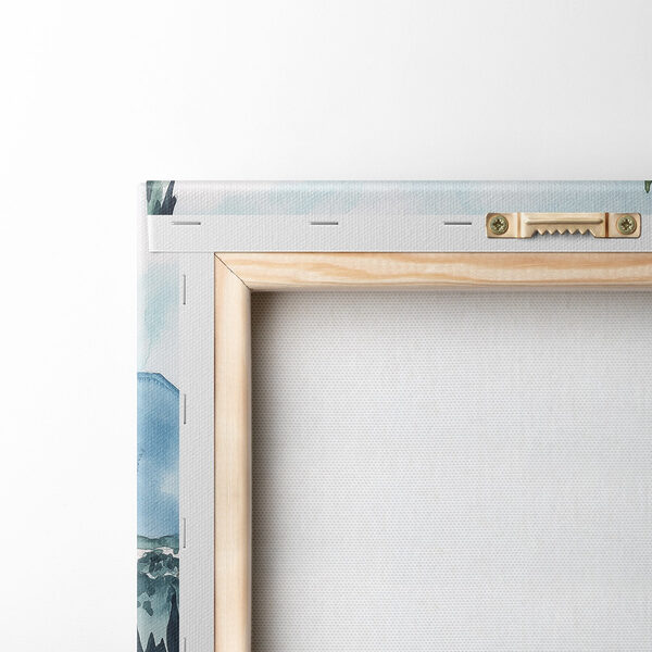 Aquarel van een tafel met eten en een meer op de achtergrond Aquarel van een tafel met eten en een meer op de achtergrond