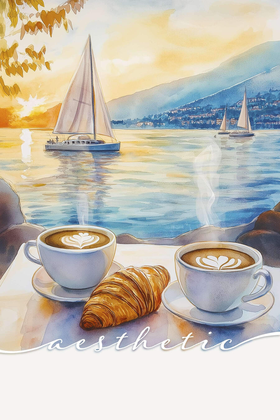 Twee kopjes koffie en croissant op een tafel met een zeilboot op de achtergrond