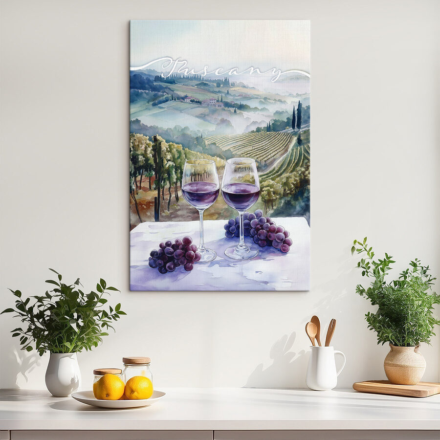 Aquarel van wijnglazen en druiven op een tafel Aquarel van wijnglazen en druiven op een tafel