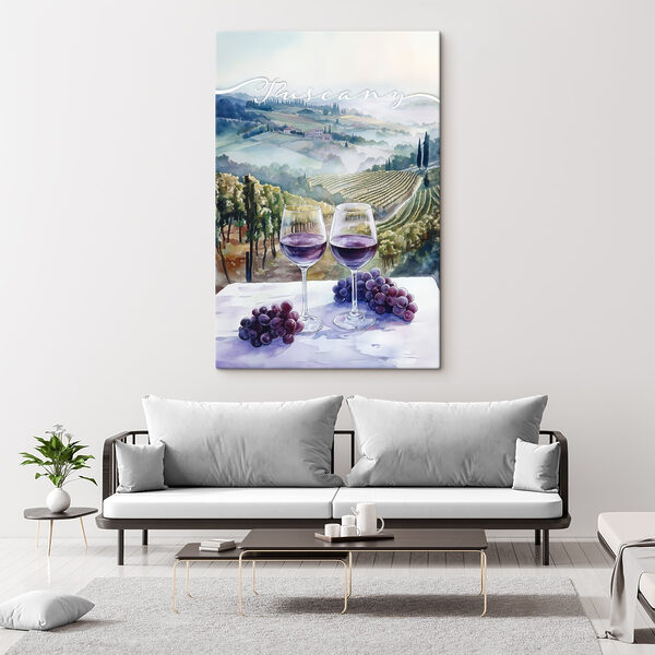 Aquarel van wijnglazen en druiven op een tafel Aquarel van wijnglazen en druiven op een tafel