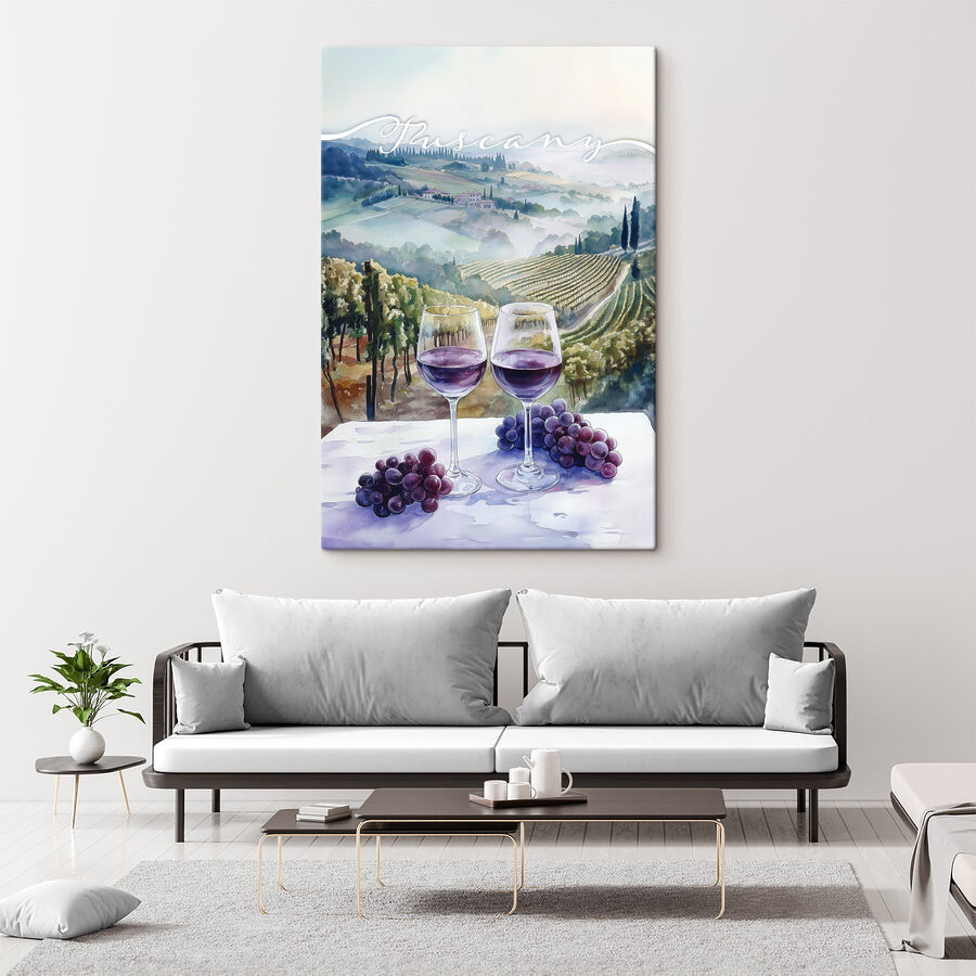 Aquarel van wijnglazen en druiven op een tafel Aquarel van wijnglazen en druiven op een tafel