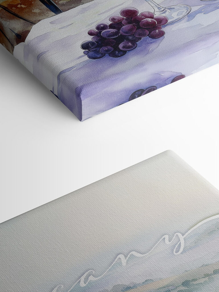 Watercolor painting of wine glasses and grapes on a table Watercolor painting of wine glasses and grapes on a table