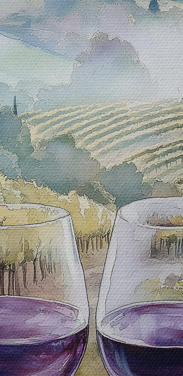 Aquarel van wijnglazen en druiven op een tafel Aquarel van wijnglazen en druiven op een tafel