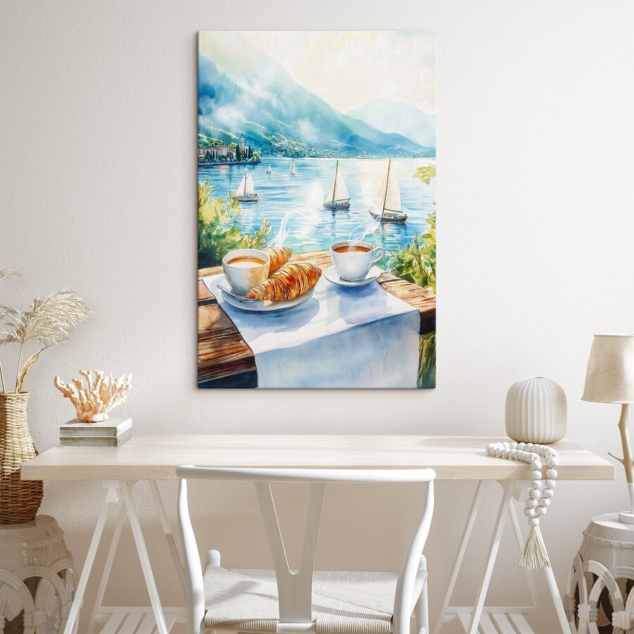 Aquarel van een tafel met koffie en croissants erop Aquarel van een tafel met koffie en croissants erop