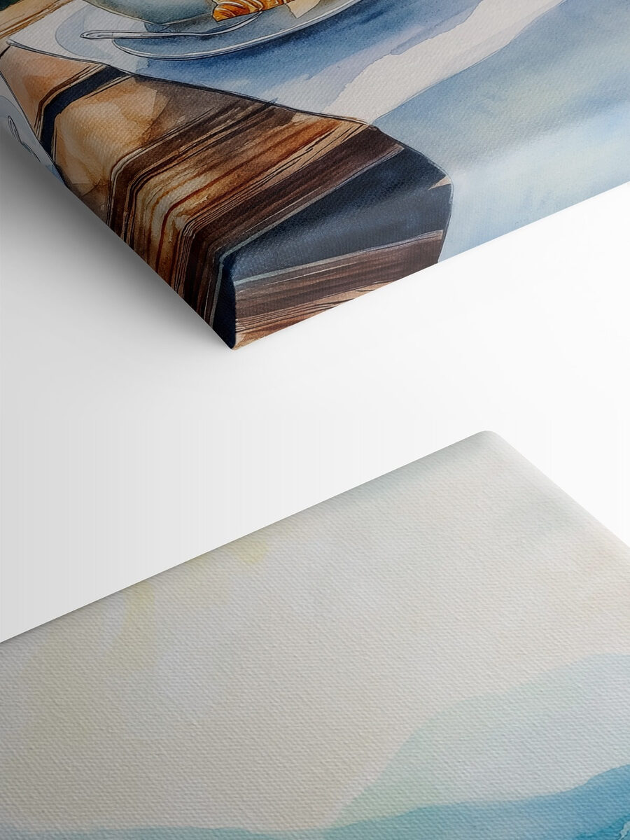 Aquarel van een tafel met koffie en croissants erop Aquarel van een tafel met koffie en croissants erop