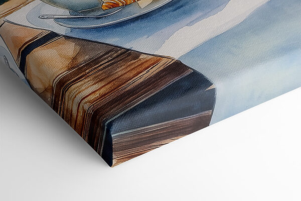 Aquarel van een tafel met koffie en croissants erop Aquarel van een tafel met koffie en croissants erop