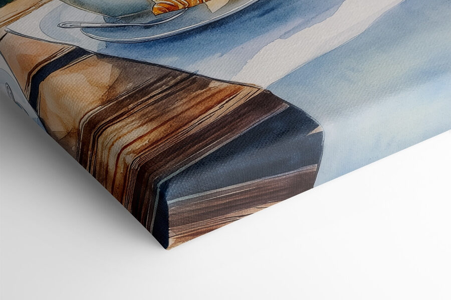 Aquarel van een tafel met koffie en croissants erop Aquarel van een tafel met koffie en croissants erop