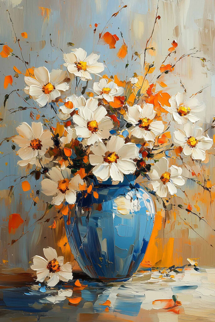 Painting of flowers in a blue vase