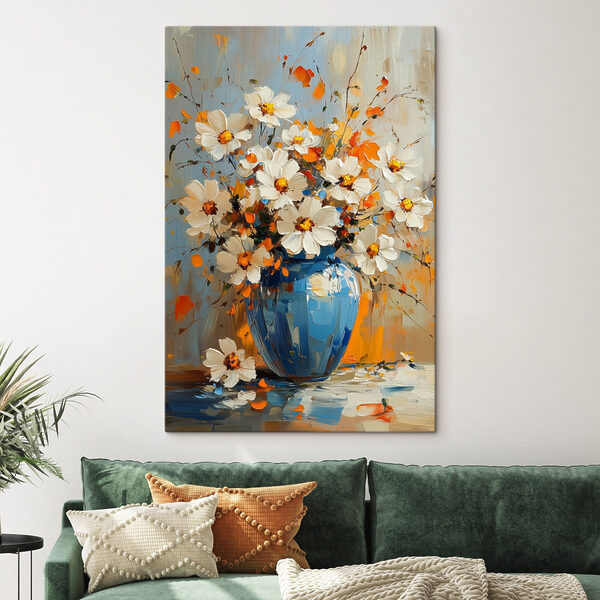 Schilderij van bloemen in een blauwe vaas Schilderij van bloemen in een blauwe vaas