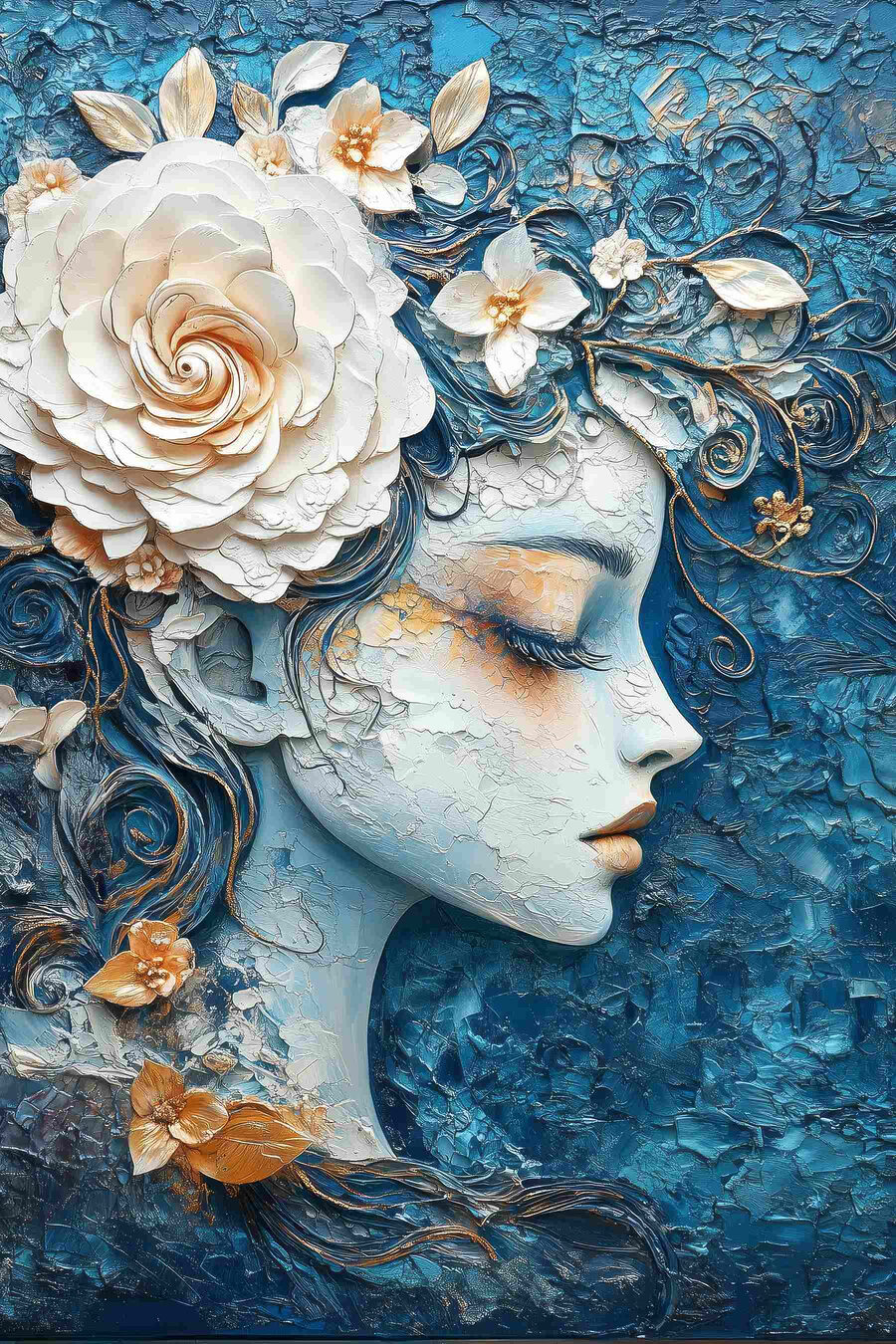 Schilderij van een vrouw met bloemen in haar haar