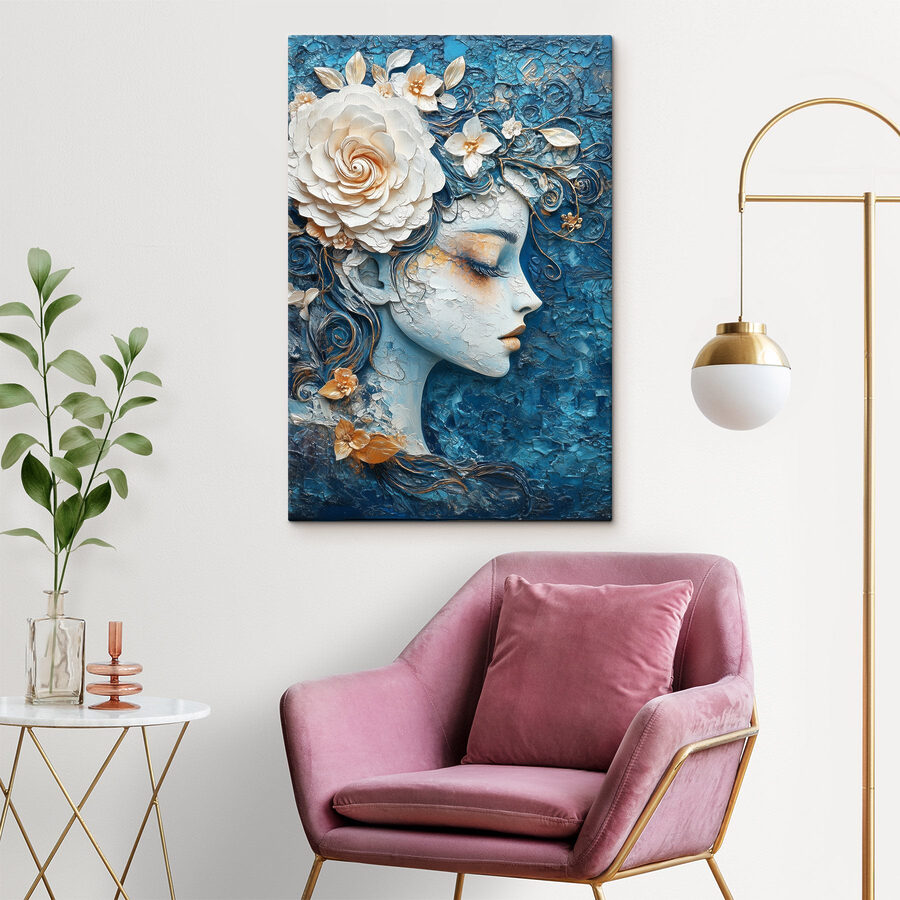 Schilderij van een vrouw met bloemen in haar haar