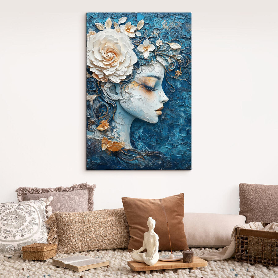 Schilderij van een vrouw met bloemen in haar haar