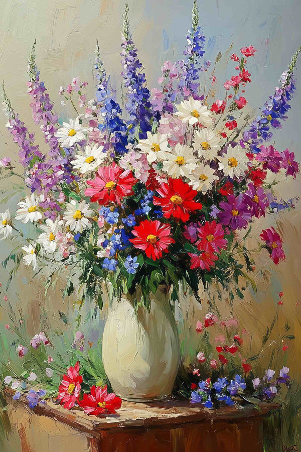 Schilderij van een vaas met bloemen Schilderij van een vaas met bloemen