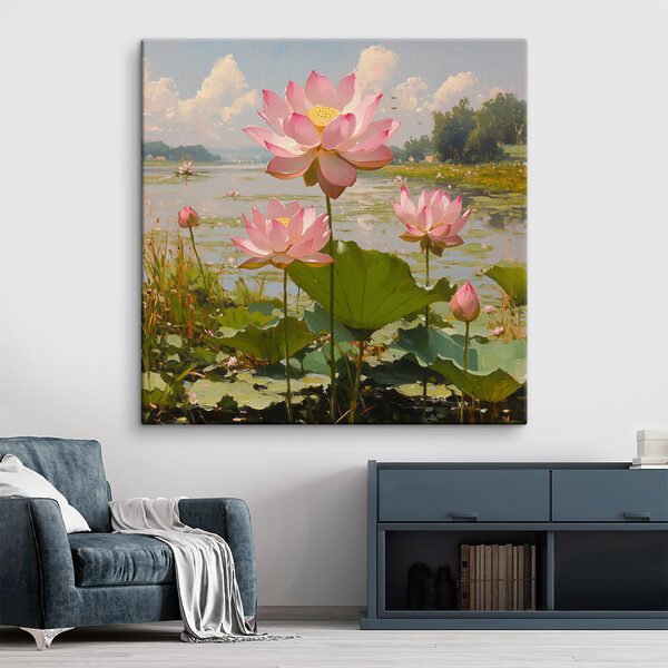 Roze bloemen op een meer Canvas Schilderijen Roze bloemen op een meer