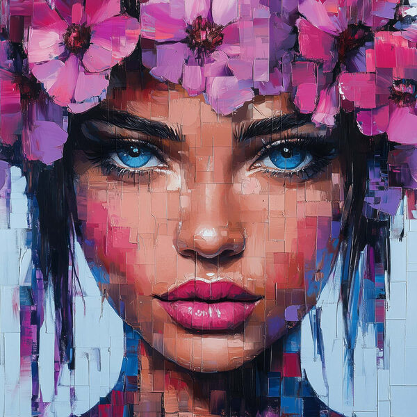 Schilderij van een vrouw met bloemen in haar haar Schilderij van een vrouw met bloemen in haar haar