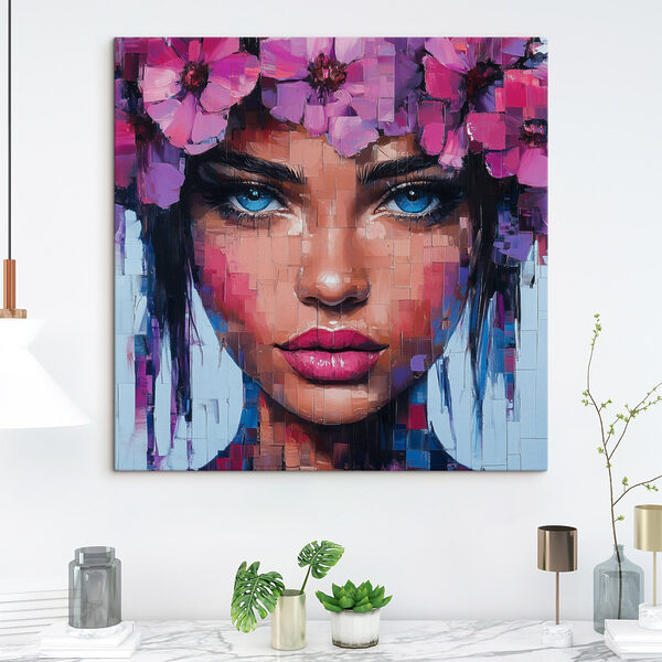 Schilderij van een vrouw met bloemen in haar haar Schilderij van een vrouw met bloemen in haar haar