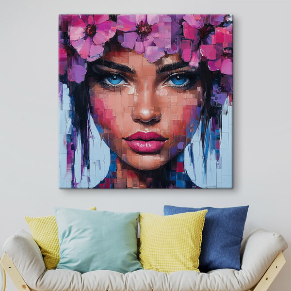 Schilderij van een vrouw met bloemen in haar haar Schilderij van een vrouw met bloemen in haar haar